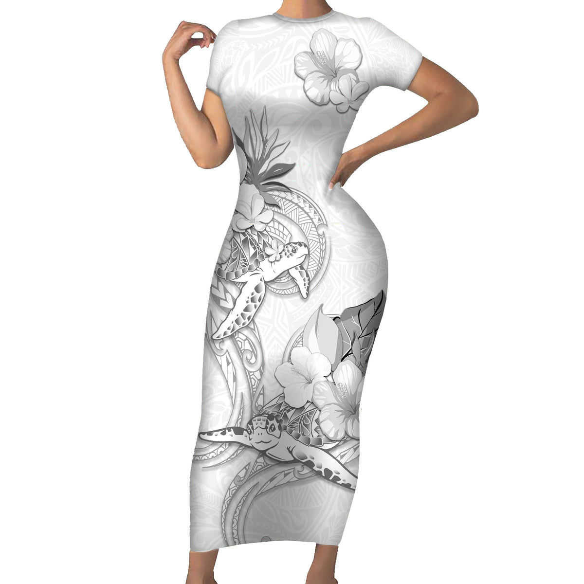Polynesia Sea Turtle Couple Family Matching Short Sleeve Bodycon Dress and Hawaiian Shirt Happy Valentine Day White LT05 Mom's Dress White - Polynesian Pride