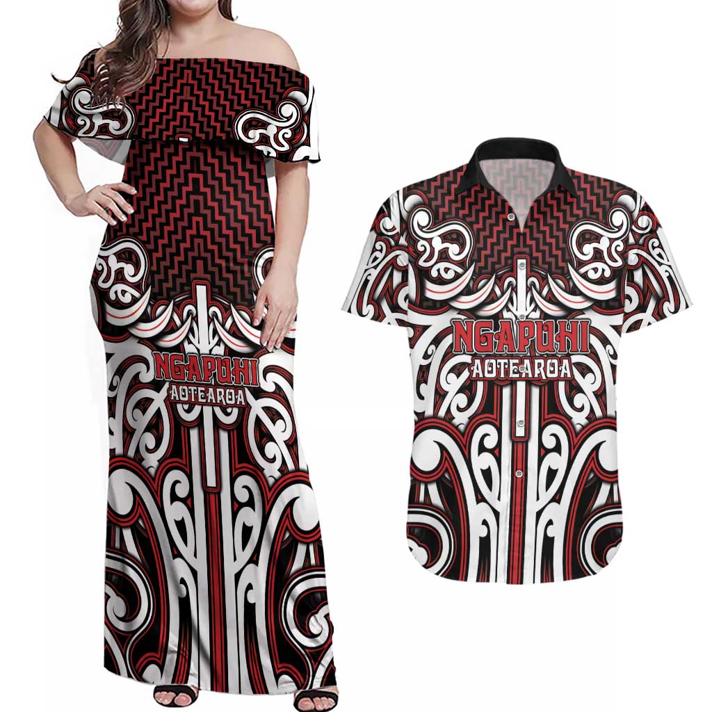 Custom Aotearoa Ngapuhi Couples Matching Off Shoulder Maxi Dress and Hawaiian Shirt Maori Tribal Pattern Mix Poutama