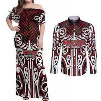 Custom Aotearoa Ngapuhi Couples Matching Off Shoulder Maxi Dress and Long Sleeve Button Shirt Maori Tribal Pattern Mix Poutama