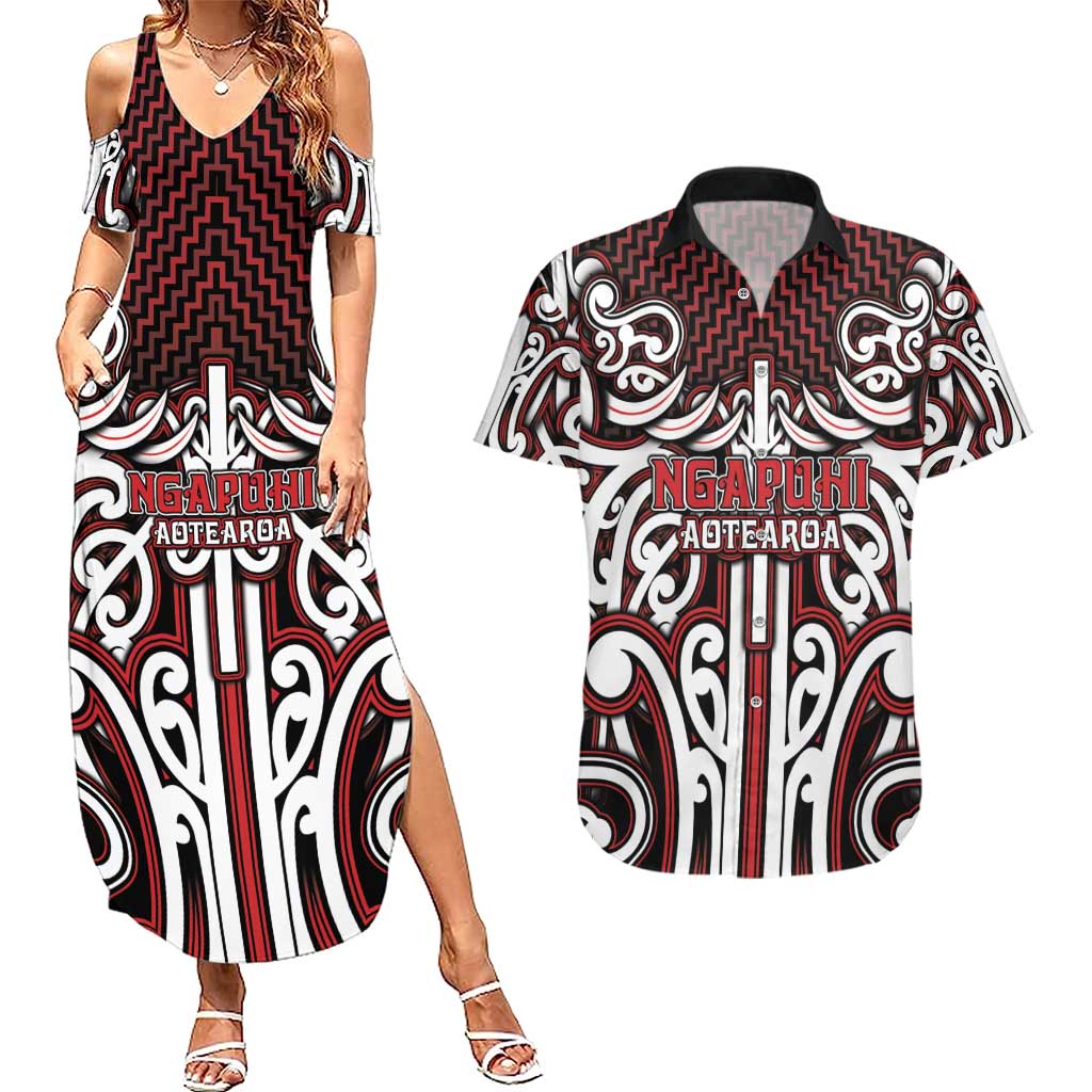 Custom Aotearoa Ngapuhi Couples Matching Summer Maxi Dress and Hawaiian Shirt Maori Tribal Pattern Mix Poutama LT05 Red - Polynesian Pride