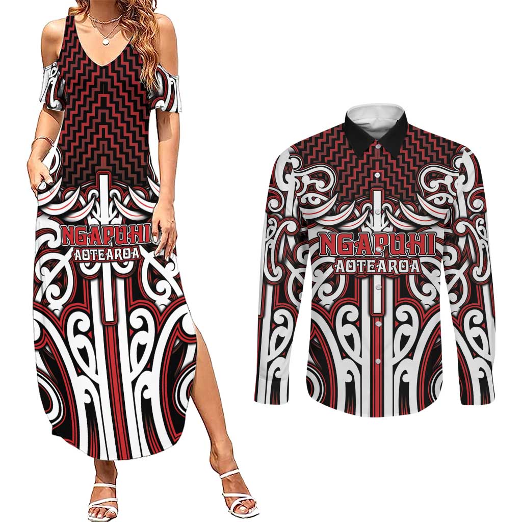 Custom Aotearoa Ngapuhi Couples Matching Summer Maxi Dress and Long Sleeve Button Shirt Maori Tribal Pattern Mix Poutama