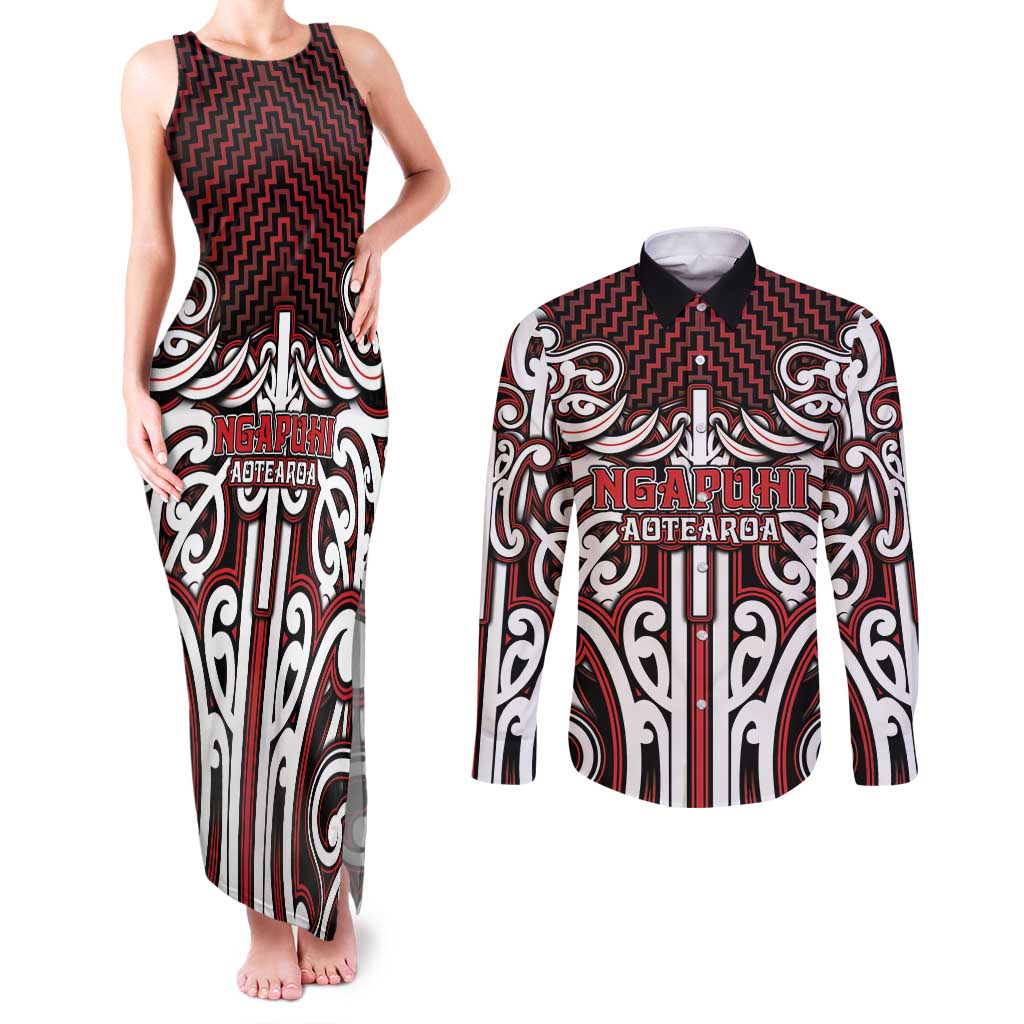 Custom Aotearoa Ngapuhi Couples Matching Tank Maxi Dress and Long Sleeve Button Shirt Maori Tribal Pattern Mix Poutama LT05 Red - Polynesian Pride