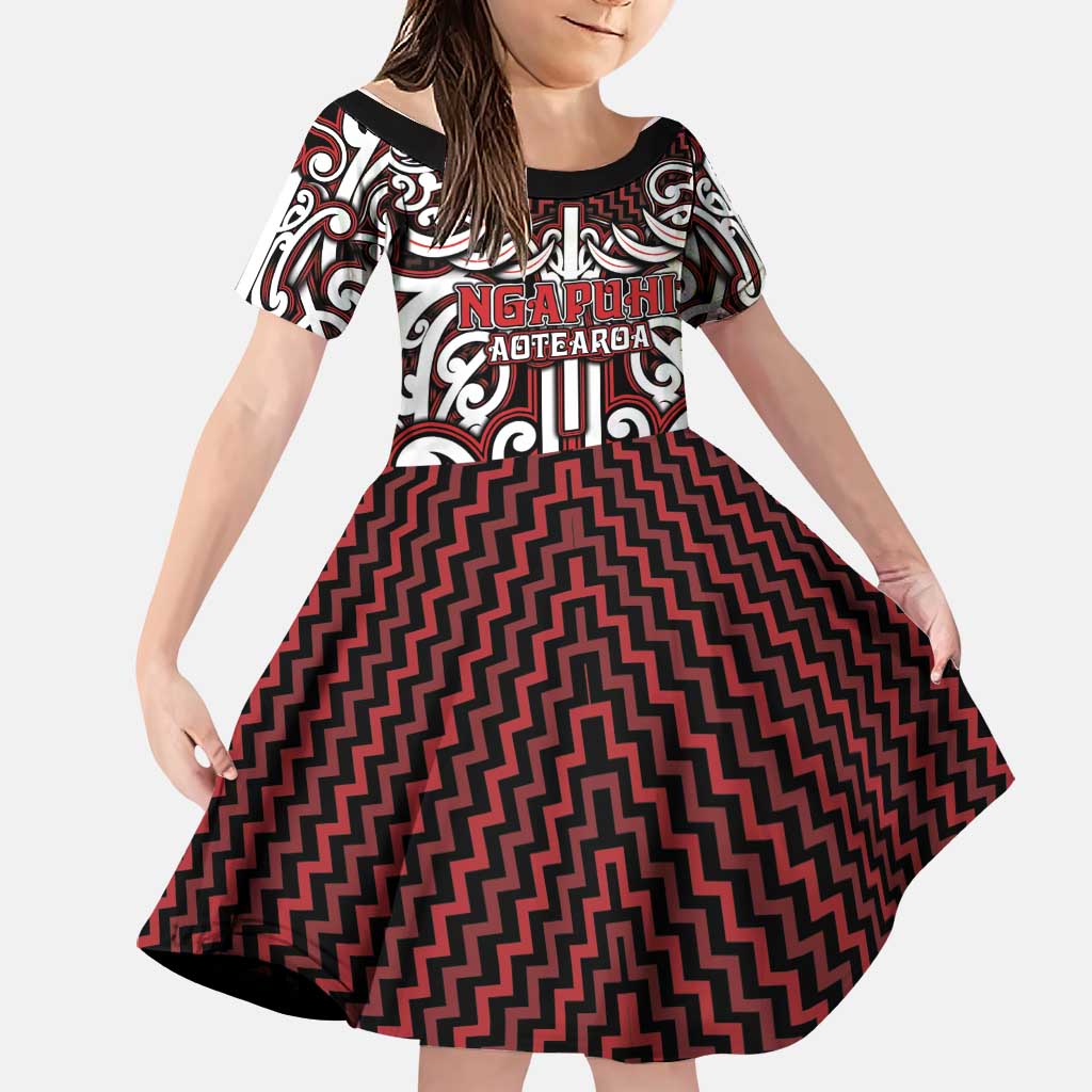 Custom Aotearoa Ngapuhi Family Matching Long Sleeve Bodycon Dress and Hawaiian Shirt Maori Tribal Pattern Mix Poutama LT05 Daughter's Dress Red - Polynesian Pride