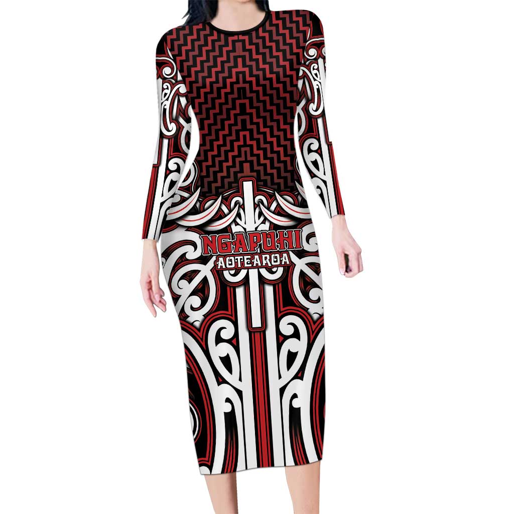 Custom Aotearoa Ngapuhi Family Matching Long Sleeve Bodycon Dress and Hawaiian Shirt Maori Tribal Pattern Mix Poutama LT05 Mom's Dress Red - Polynesian Pride