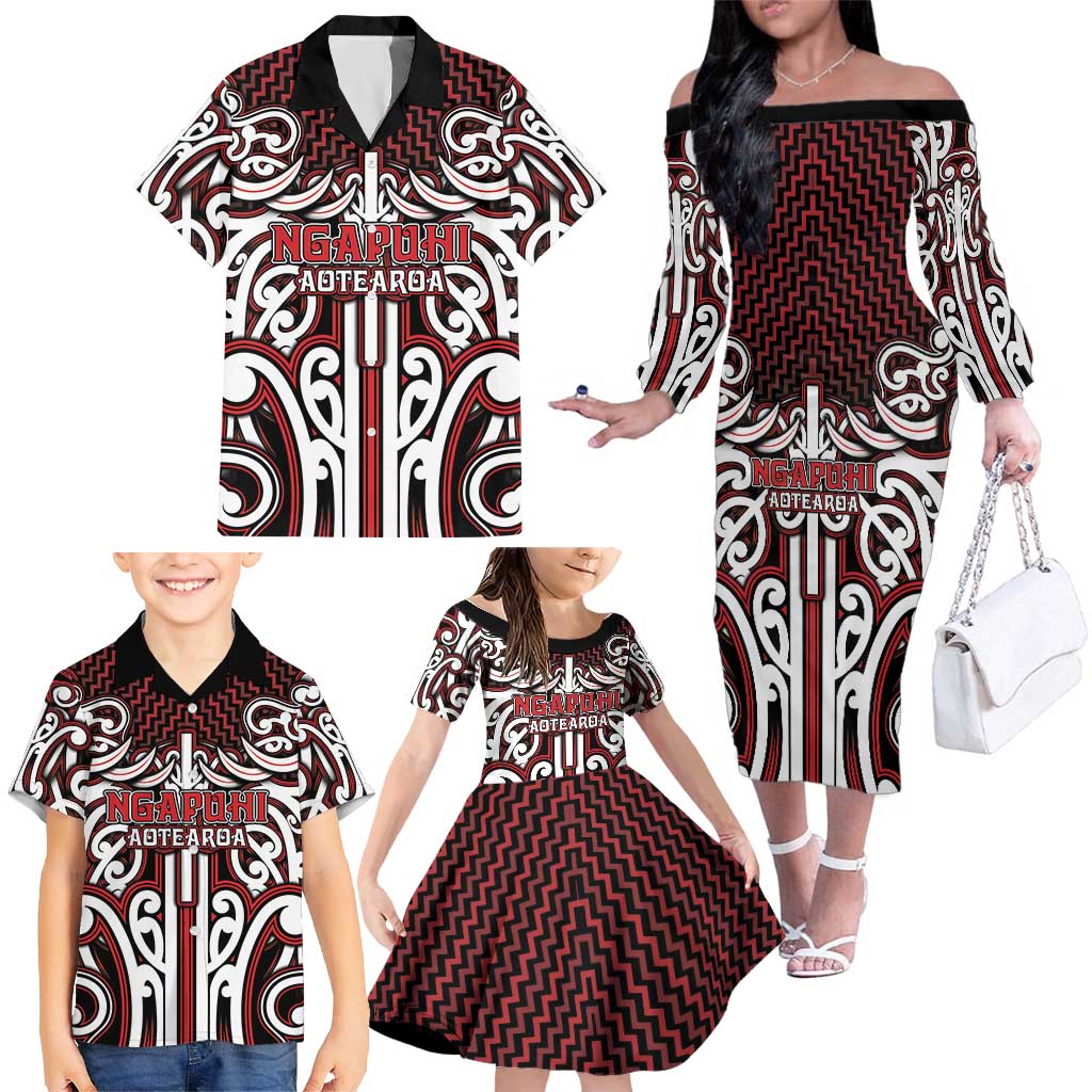 Custom Aotearoa Ngapuhi Family Matching Off The Shoulder Long Sleeve Dress and Hawaiian Shirt Maori Tribal Pattern Mix Poutama