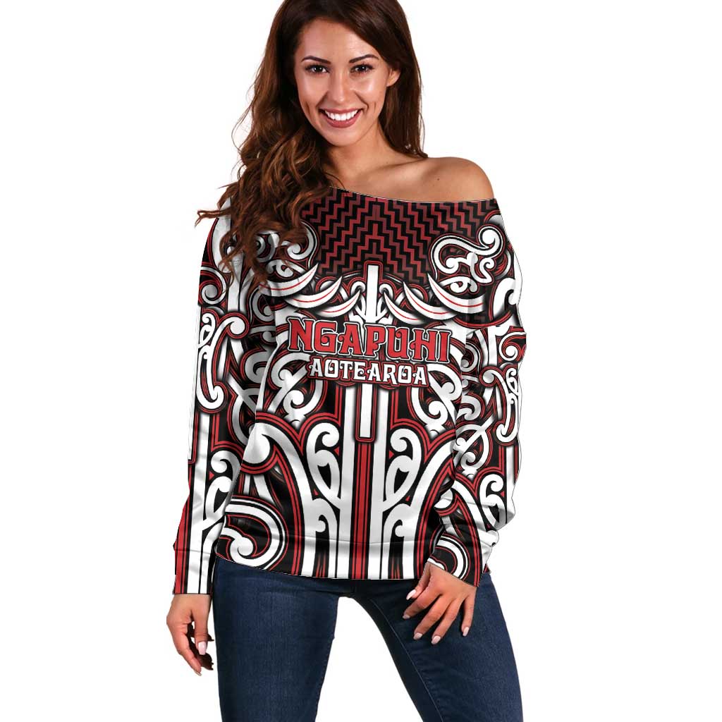 Custom Aotearoa Ngapuhi Off Shoulder Sweater Maori Tribal Pattern Mix Poutama