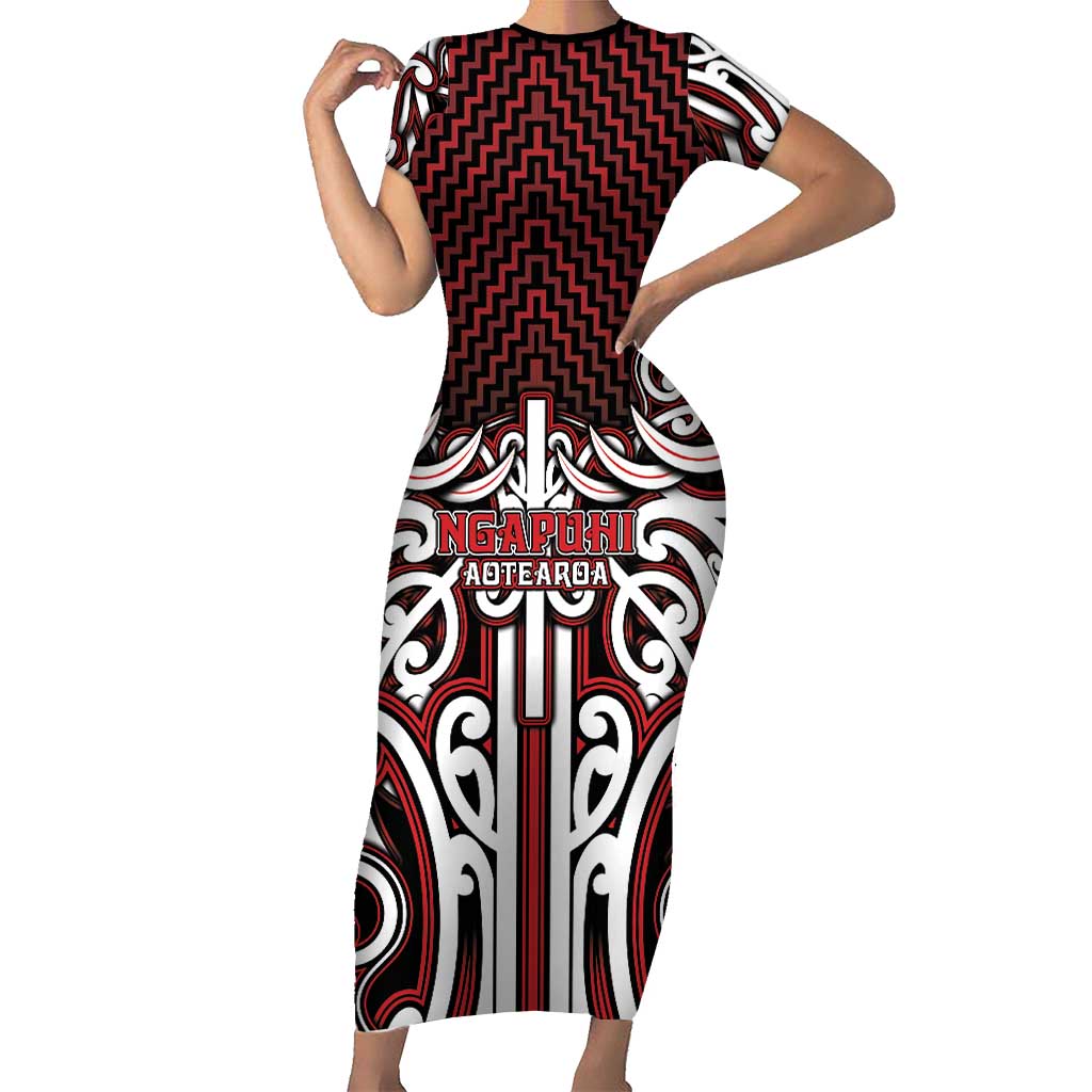 Custom Aotearoa Ngapuhi Short Sleeve Bodycon Dress Maori Tribal Pattern Mix Poutama LT05 Long Dress Red - Polynesian Pride