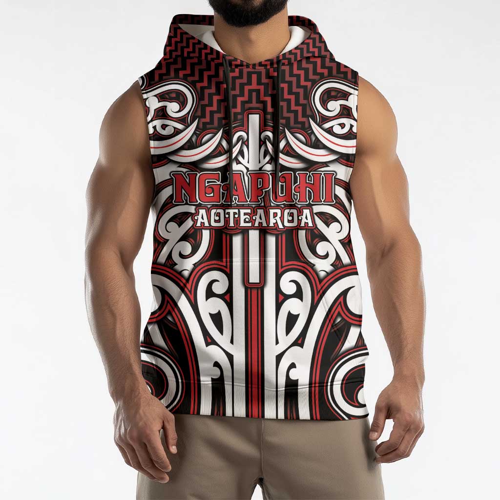 Custom Aotearoa Ngapuhi Sleeveless Hoodie Maori Tribal Pattern Mix Poutama