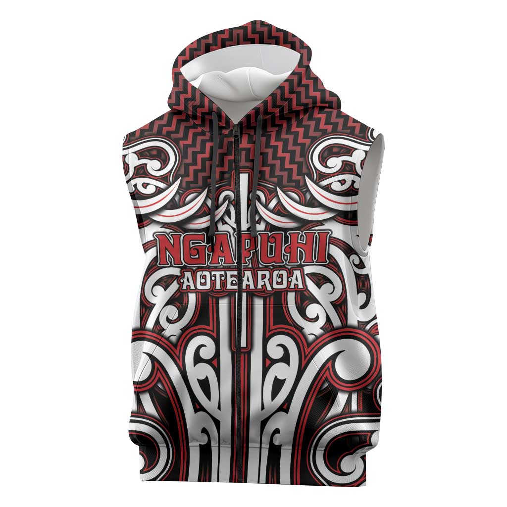 Custom Aotearoa Ngapuhi Sleeveless Zip Hoodie Maori Tribal Pattern Mix Poutama