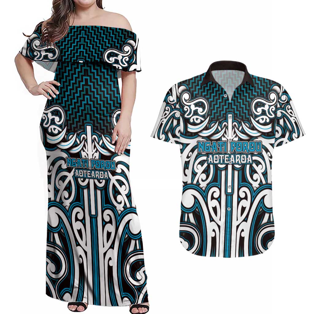 Custom Aotearoa Ngati Porou Couples Matching Off Shoulder Maxi Dress and Hawaiian Shirt Maori Tribal Pattern Mix Poutama LT05 Blue - Polynesian Pride