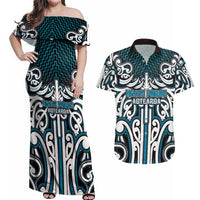 Custom Aotearoa Ngati Porou Couples Matching Off Shoulder Maxi Dress and Hawaiian Shirt Maori Tribal Pattern Mix Poutama LT05 Blue - Polynesian Pride