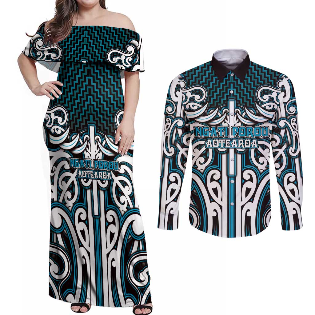 Custom Aotearoa Ngati Porou Couples Matching Off Shoulder Maxi Dress and Long Sleeve Button Shirt Maori Tribal Pattern Mix Poutama LT05 Blue - Polynesian Pride