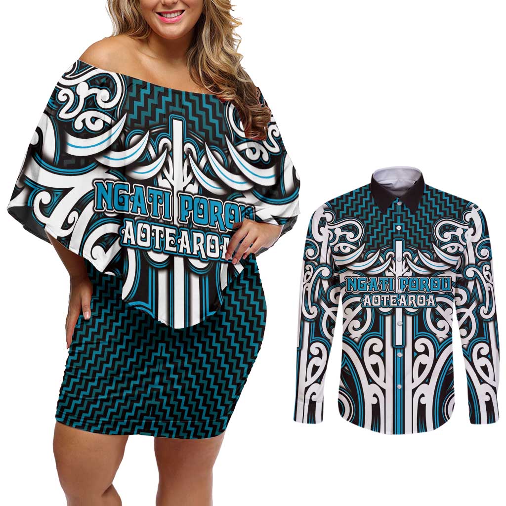 Custom Aotearoa Ngati Porou Couples Matching Off Shoulder Short Dress and Long Sleeve Button Shirt Maori Tribal Pattern Mix Poutama