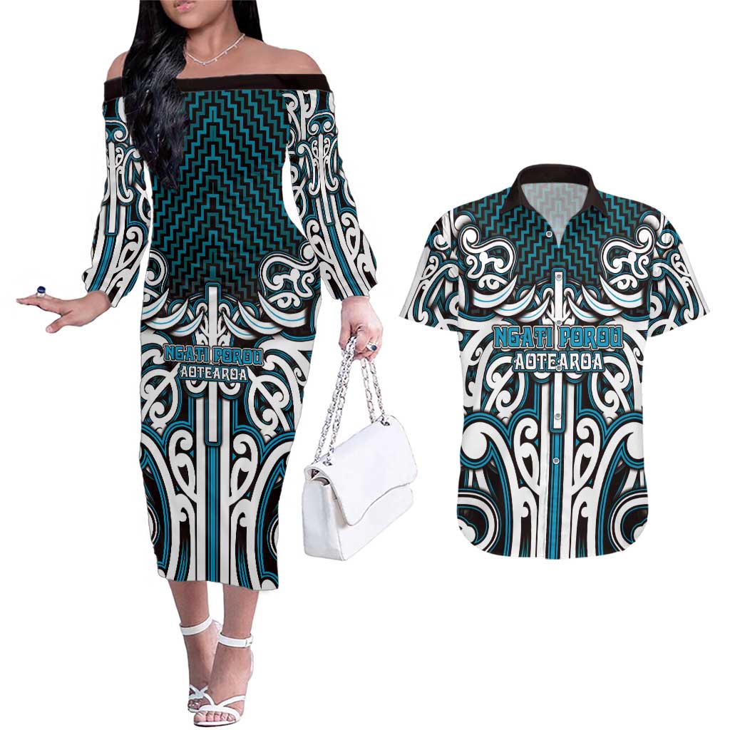 Custom Aotearoa Ngati Porou Couples Matching Off The Shoulder Long Sleeve Dress and Hawaiian Shirt Maori Tribal Pattern Mix Poutama LT05 Blue - Polynesian Pride