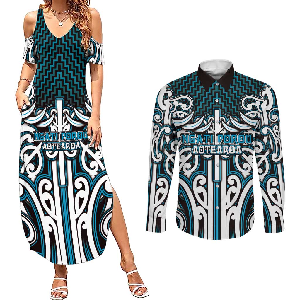 Custom Aotearoa Ngati Porou Couples Matching Summer Maxi Dress and Long Sleeve Button Shirt Maori Tribal Pattern Mix Poutama