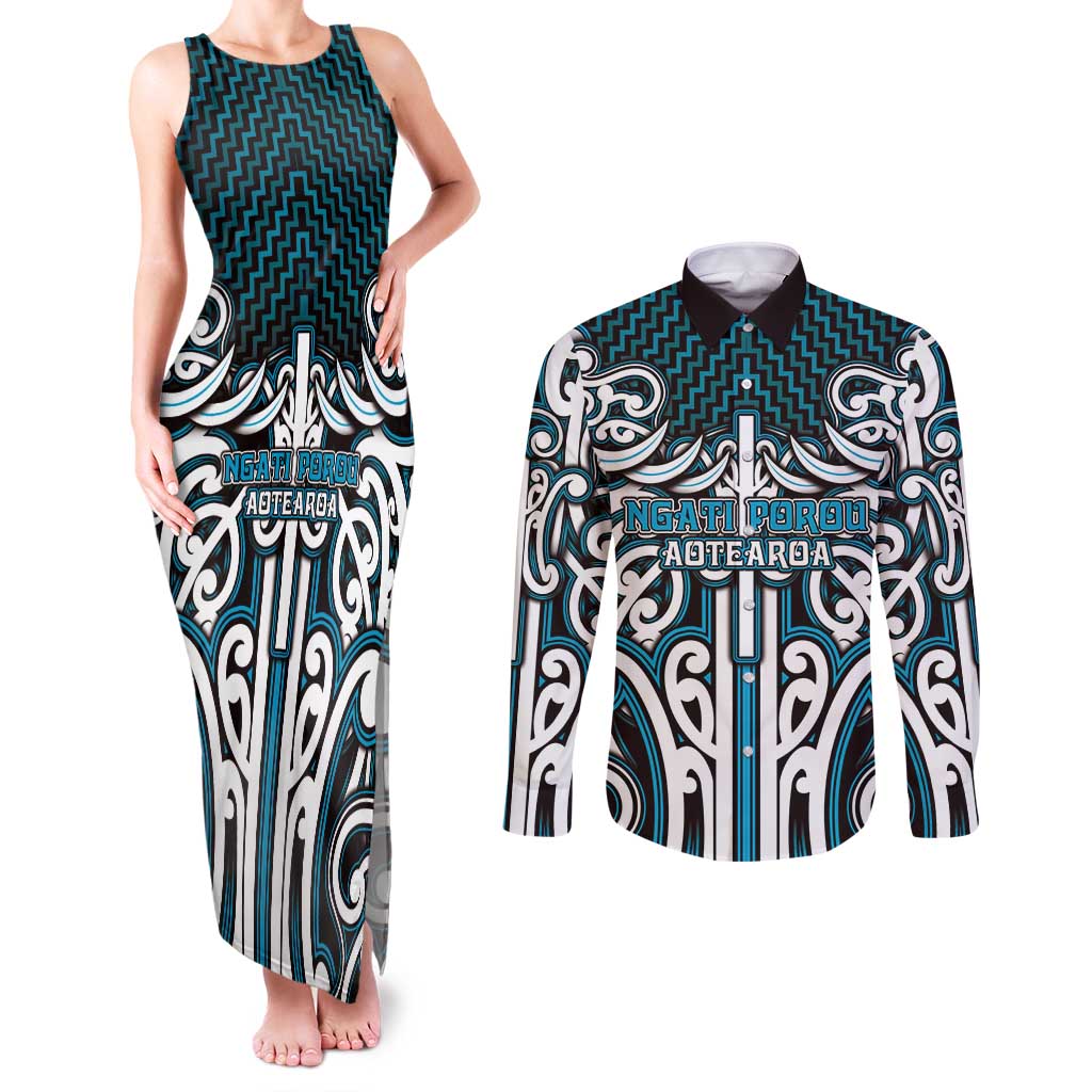 Custom Aotearoa Ngati Porou Couples Matching Tank Maxi Dress and Long Sleeve Button Shirt Maori Tribal Pattern Mix Poutama LT05 Blue - Polynesian Pride