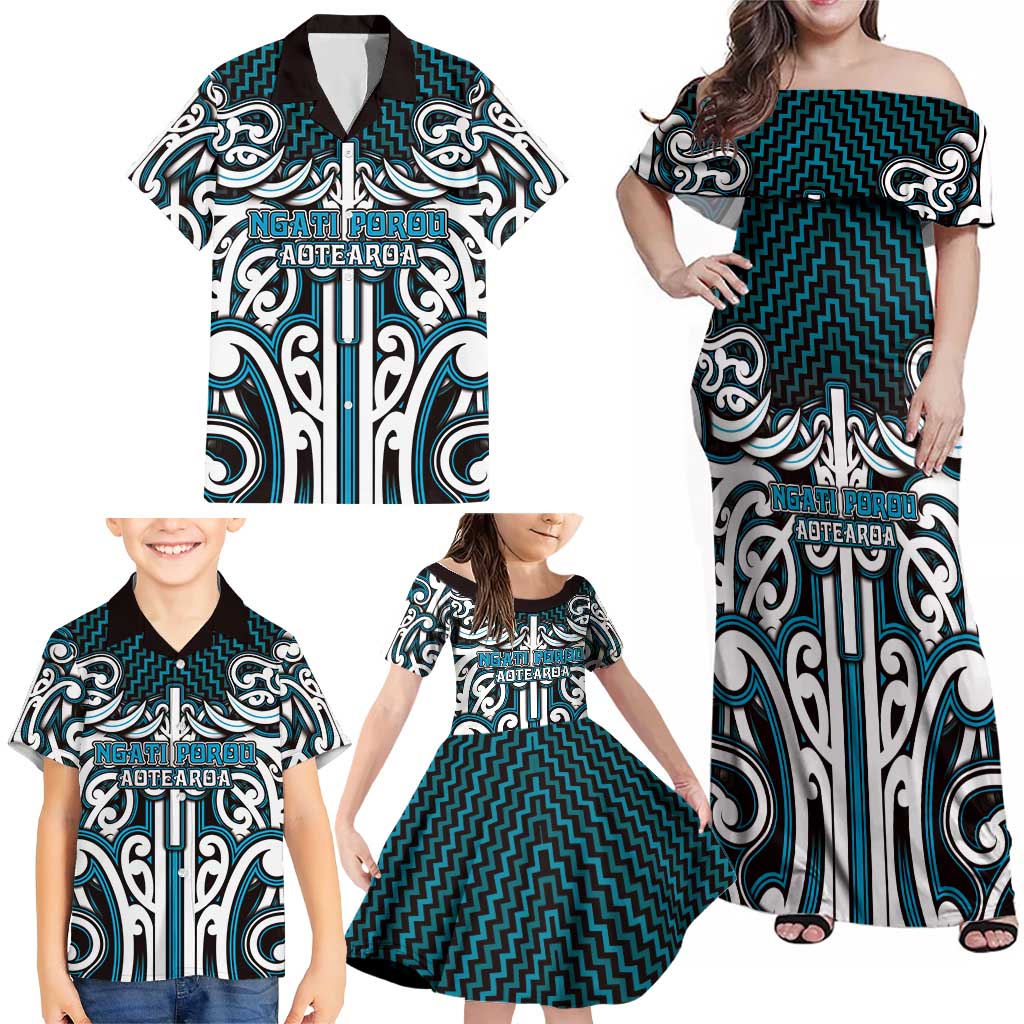 Custom Aotearoa Ngati Porou Family Matching Off Shoulder Maxi Dress and Hawaiian Shirt Maori Tribal Pattern Mix Poutama
