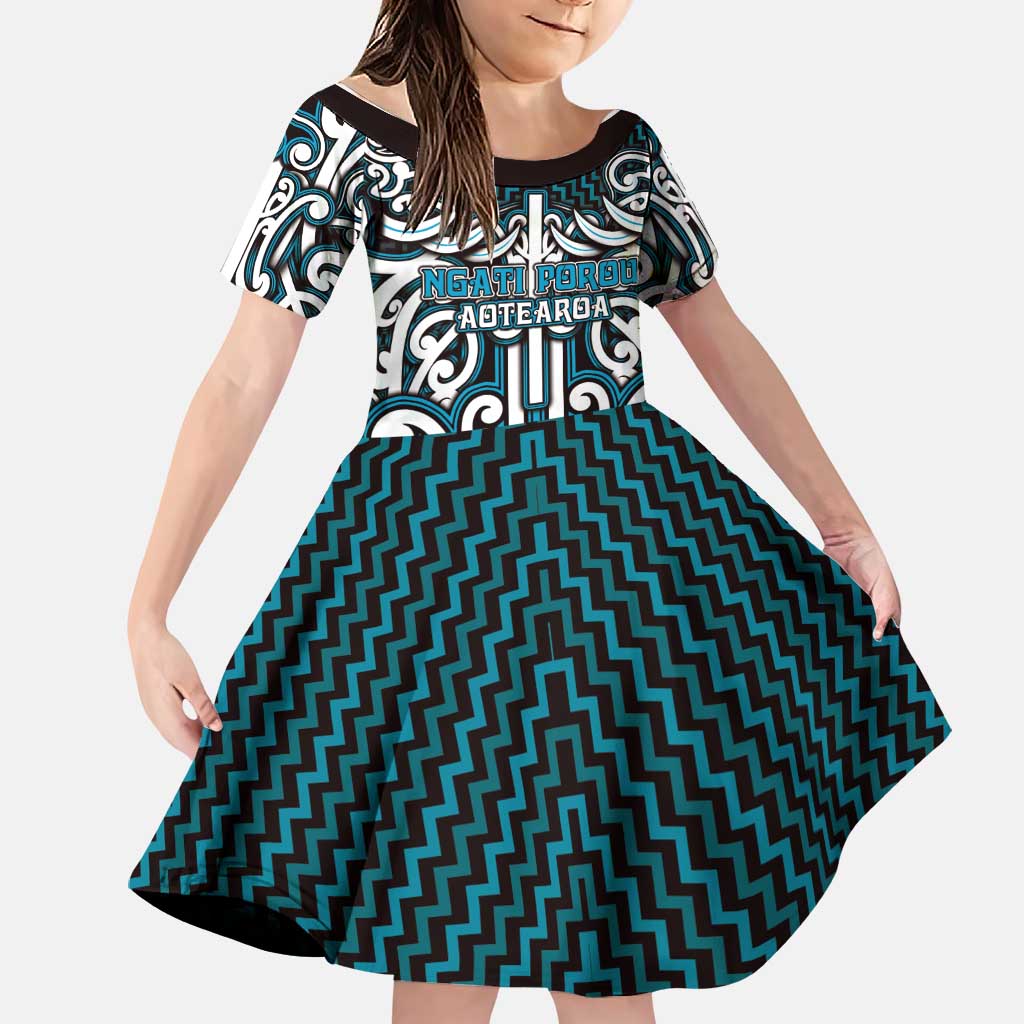 Custom Aotearoa Ngati Porou Family Matching Off Shoulder Short Dress and Hawaiian Shirt Maori Tribal Pattern Mix Poutama LT05 Daughter's Dress Blue - Polynesian Pride
