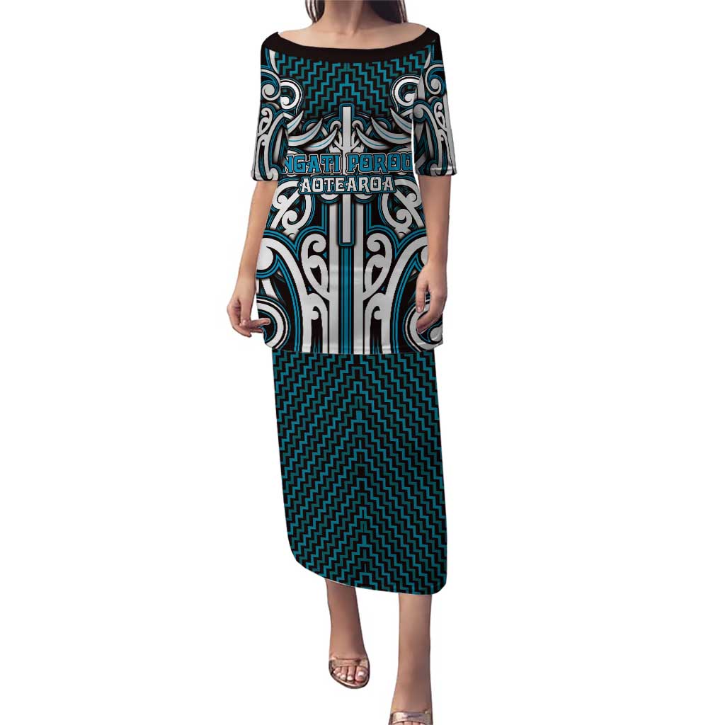 Custom Aotearoa Ngati Porou Family Matching Puletasi and Hawaiian Shirt Maori Tribal Pattern Mix Poutama LT05 Mom's Dress Blue - Polynesian Pride