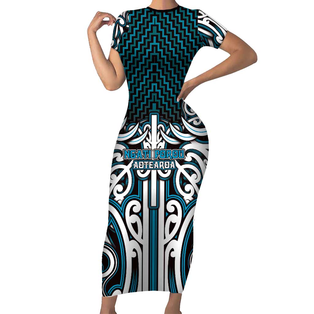 Custom Aotearoa Ngati Porou Family Matching Short Sleeve Bodycon Dress and Hawaiian Shirt Maori Tribal Pattern Mix Poutama LT05 Mom's Dress Blue - Polynesian Pride