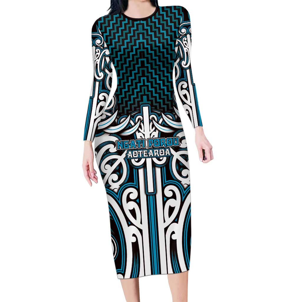 Custom Aotearoa Ngati Porou Long Sleeve Bodycon Dress Maori Tribal Pattern Mix Poutama