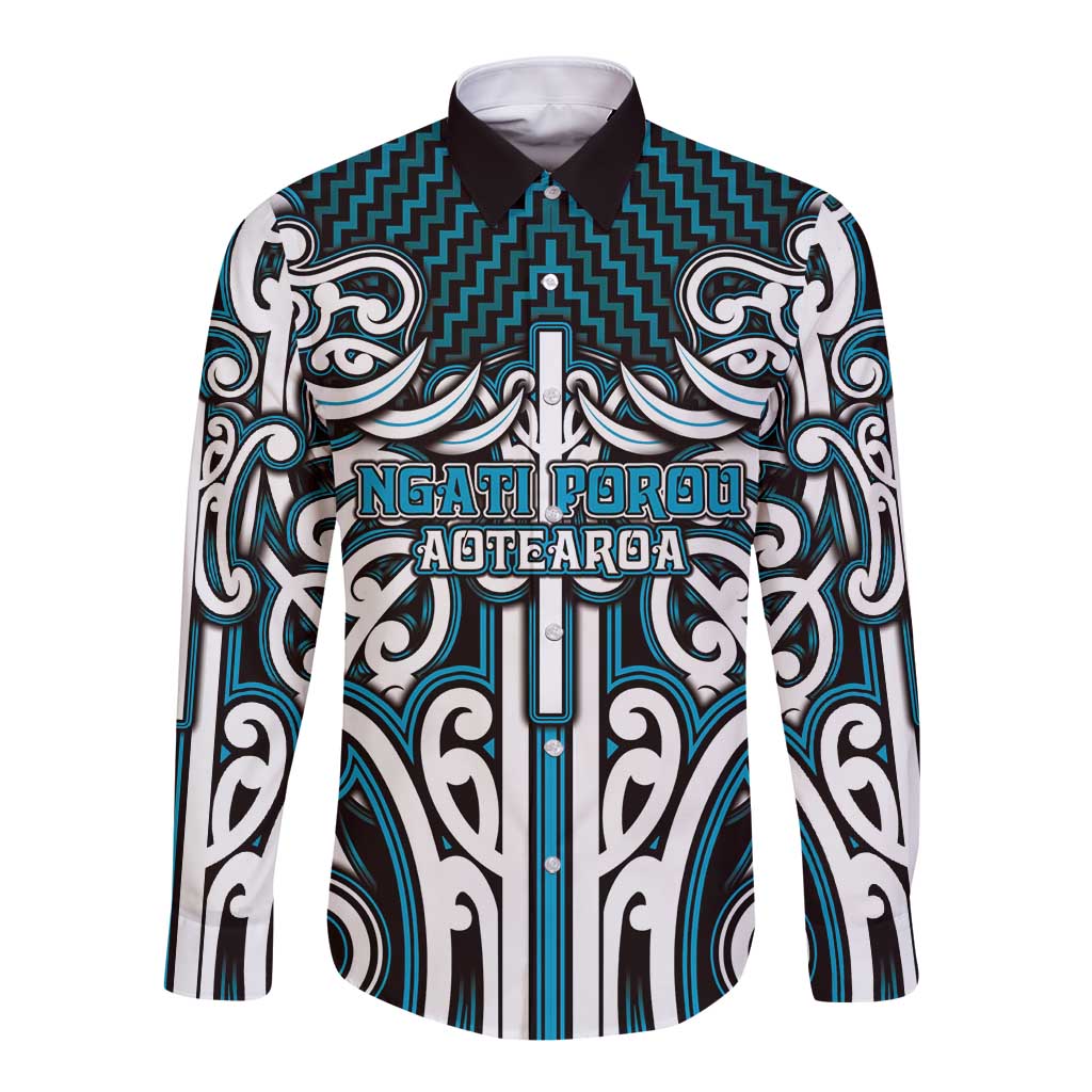 Custom Aotearoa Ngati Porou Long Sleeve Button Shirt Maori Tribal Pattern Mix Poutama