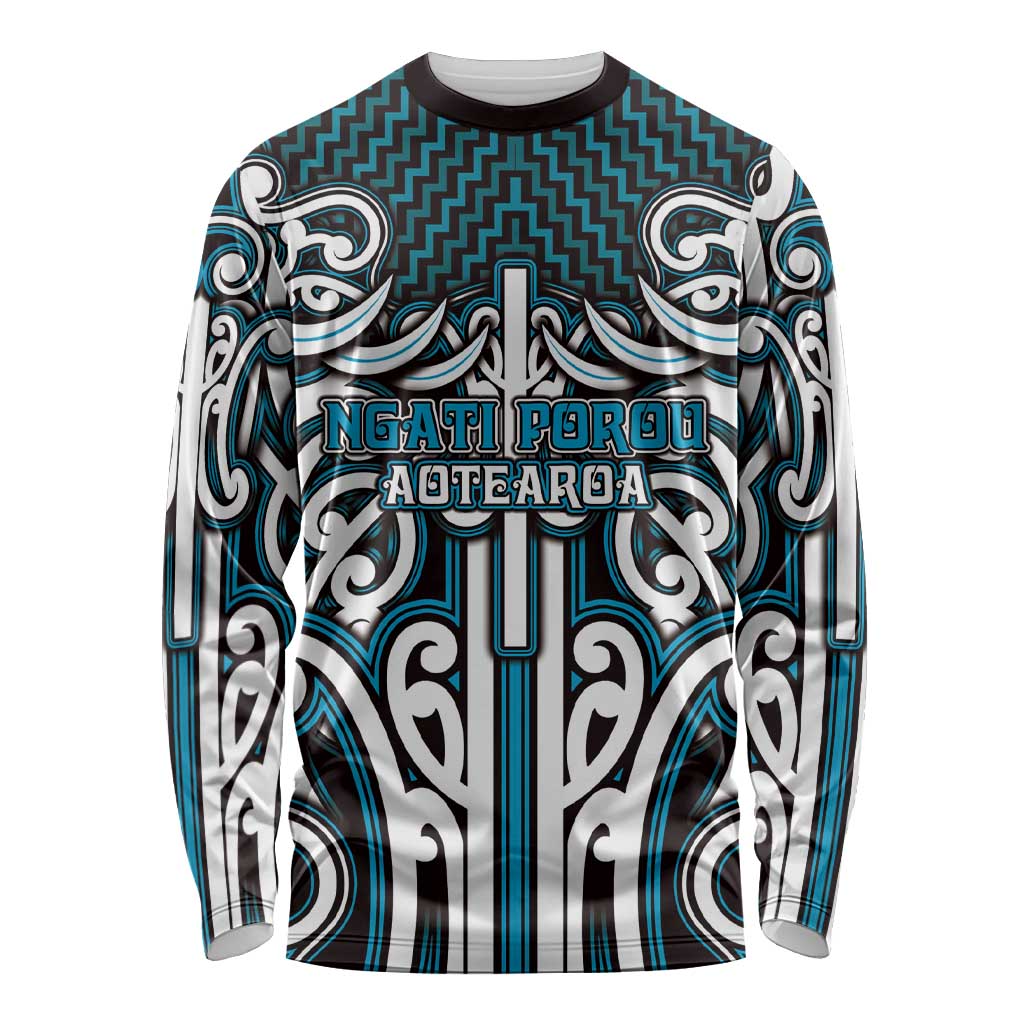 Custom Aotearoa Ngati Porou Long Sleeve Shirt Maori Tribal Pattern Mix Poutama LT05 Unisex Blue - Polynesian Pride