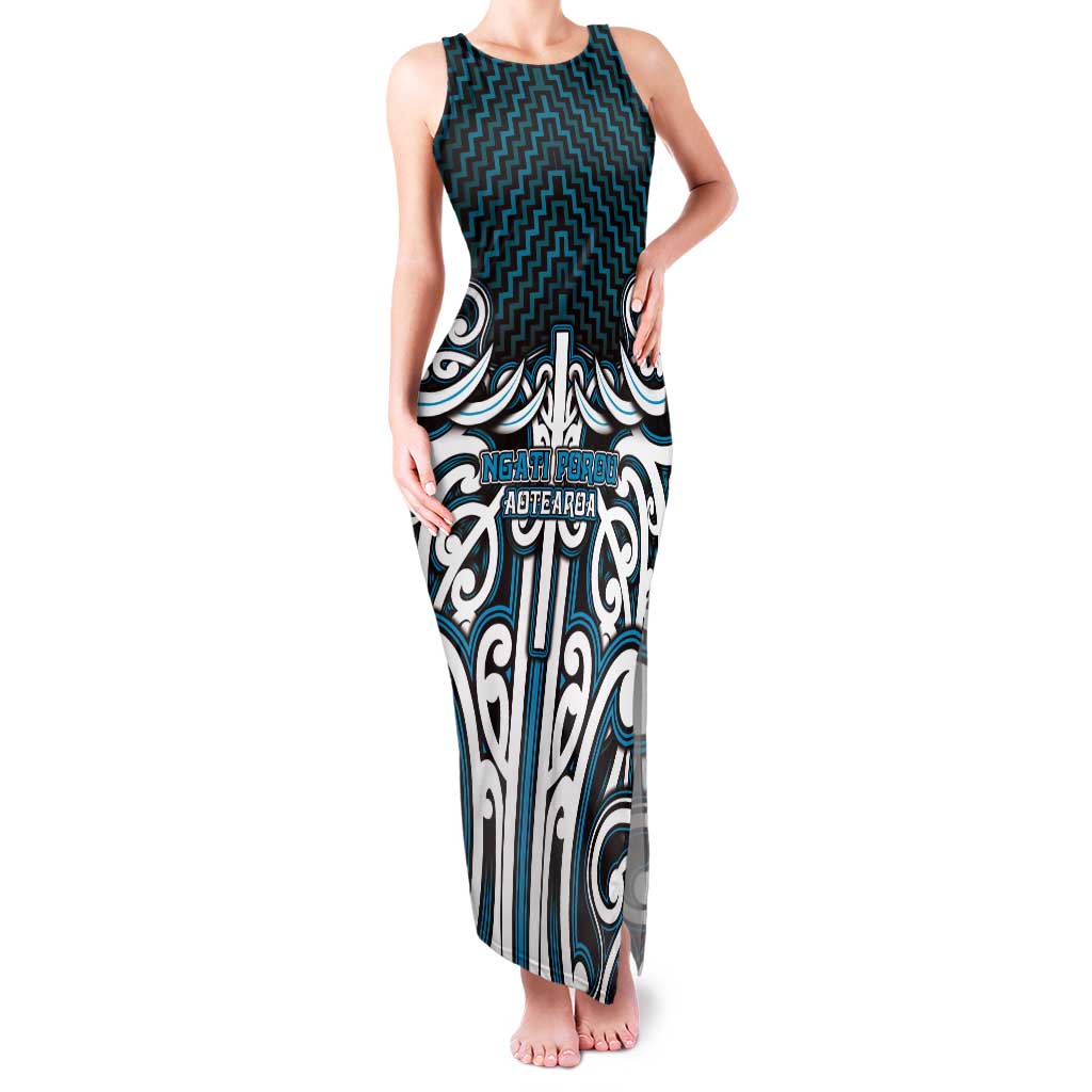 Custom Aotearoa Ngati Porou Tank Maxi Dress Maori Tribal Pattern Mix Poutama LT05 Women Blue - Polynesian Pride
