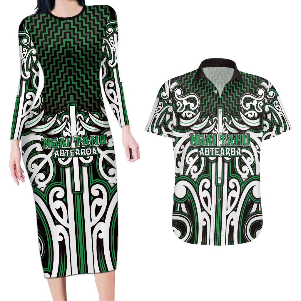 Custom Aotearoa Ngai Tahu Couples Matching Long Sleeve Bodycon Dress and Hawaiian Shirt Maori Tribal Pattern Mix Poutama LT05 Green - Polynesian Pride