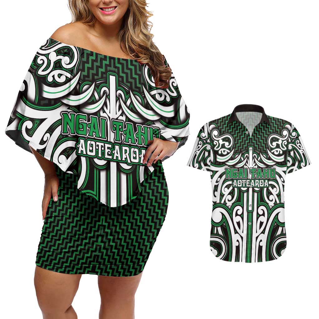 Custom Aotearoa Ngai Tahu Couples Matching Off Shoulder Short Dress and Hawaiian Shirt Maori Tribal Pattern Mix Poutama