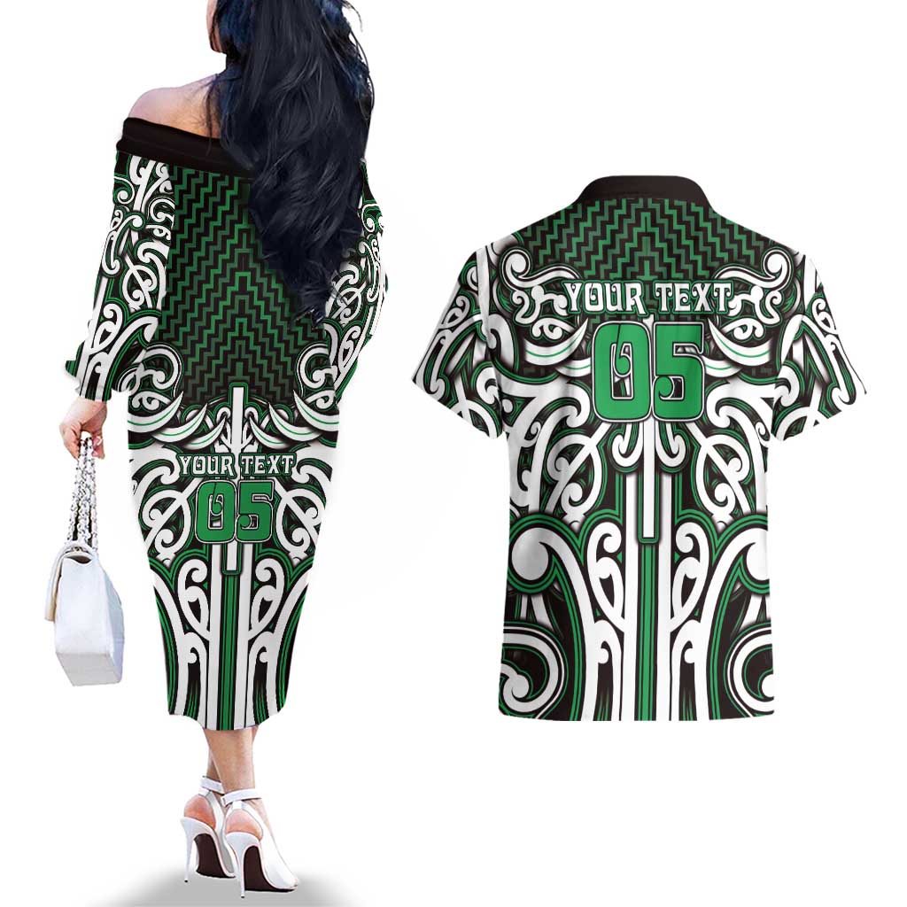 Custom Aotearoa Ngai Tahu Couples Matching Off The Shoulder Long Sleeve Dress and Hawaiian Shirt Maori Tribal Pattern Mix Poutama LT05 - Polynesian Pride
