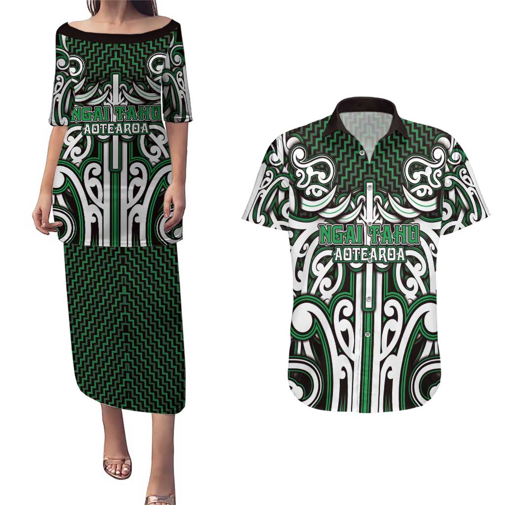 Custom Aotearoa Ngai Tahu Couples Matching Puletasi and Hawaiian Shirt Maori Tribal Pattern Mix Poutama LT05 Green - Polynesian Pride