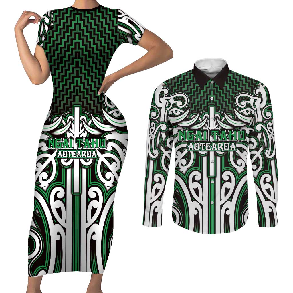 Custom Aotearoa Ngai Tahu Couples Matching Short Sleeve Bodycon Dress and Long Sleeve Button Shirt Maori Tribal Pattern Mix Poutama LT05 Green - Polynesian Pride