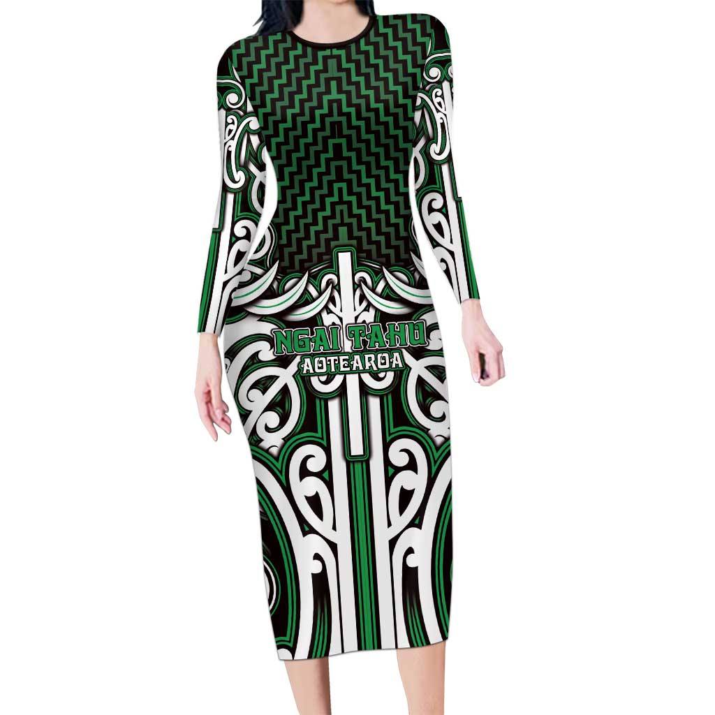 Custom Aotearoa Ngai Tahu Family Matching Long Sleeve Bodycon Dress and Hawaiian Shirt Maori Tribal Pattern Mix Poutama LT05 Mom's Dress Green - Polynesian Pride