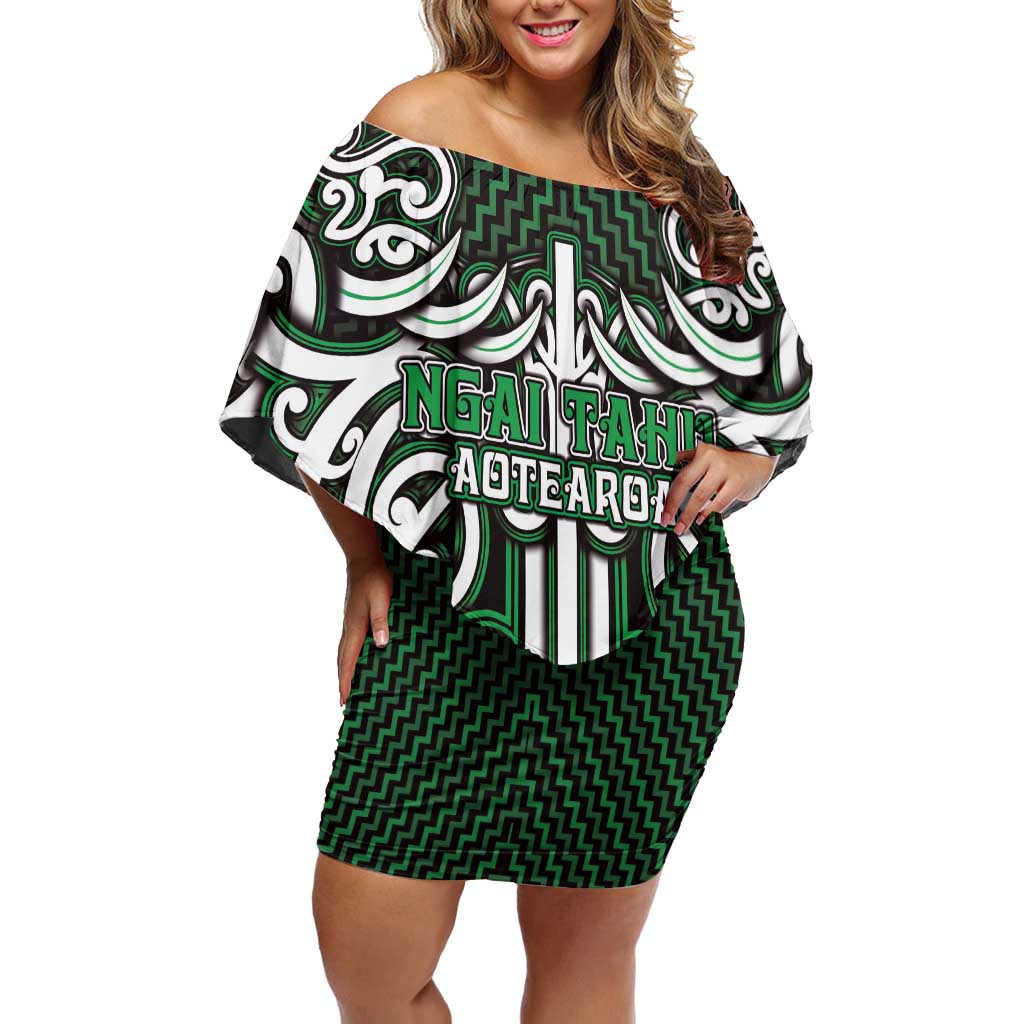 Custom Aotearoa Ngai Tahu Family Matching Off Shoulder Short Dress and Hawaiian Shirt Maori Tribal Pattern Mix Poutama LT05 Mom's Dress Green - Polynesian Pride