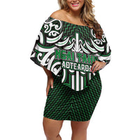 Custom Aotearoa Ngai Tahu Family Matching Off Shoulder Short Dress and Hawaiian Shirt Maori Tribal Pattern Mix Poutama LT05 Mom's Dress Green - Polynesian Pride