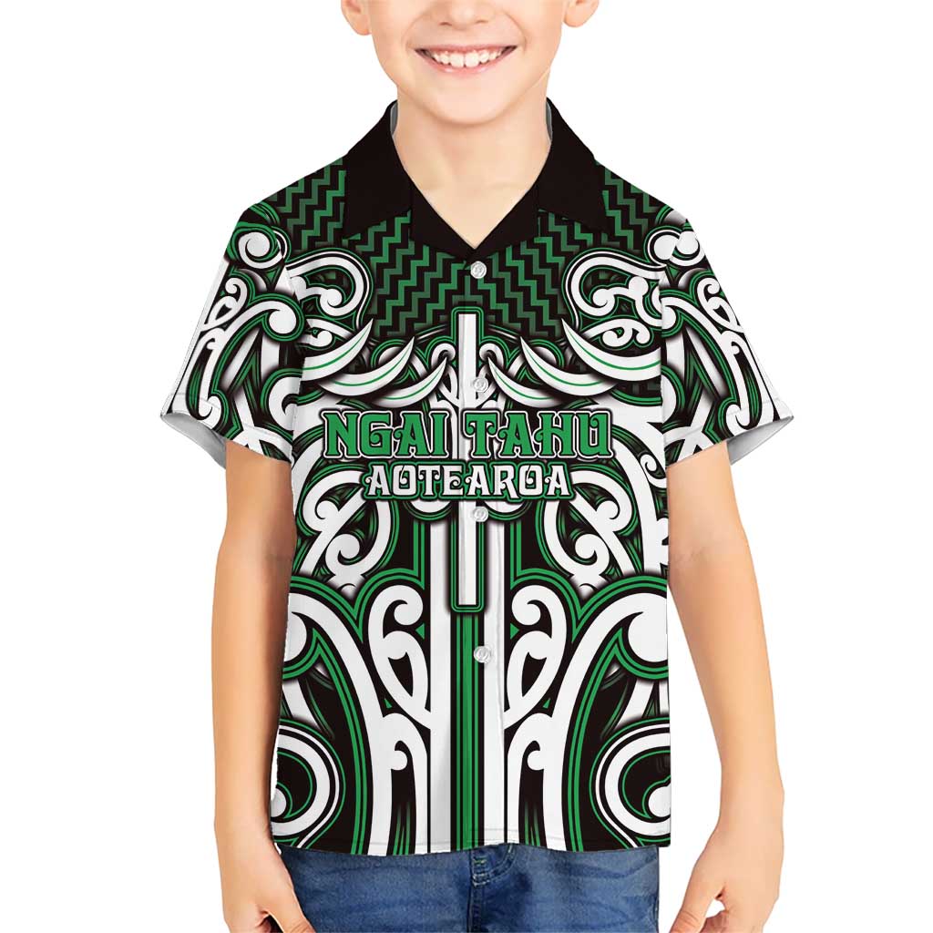 Custom Aotearoa Ngai Tahu Family Matching Off Shoulder Short Dress and Hawaiian Shirt Maori Tribal Pattern Mix Poutama LT05 Son's Shirt Green - Polynesian Pride