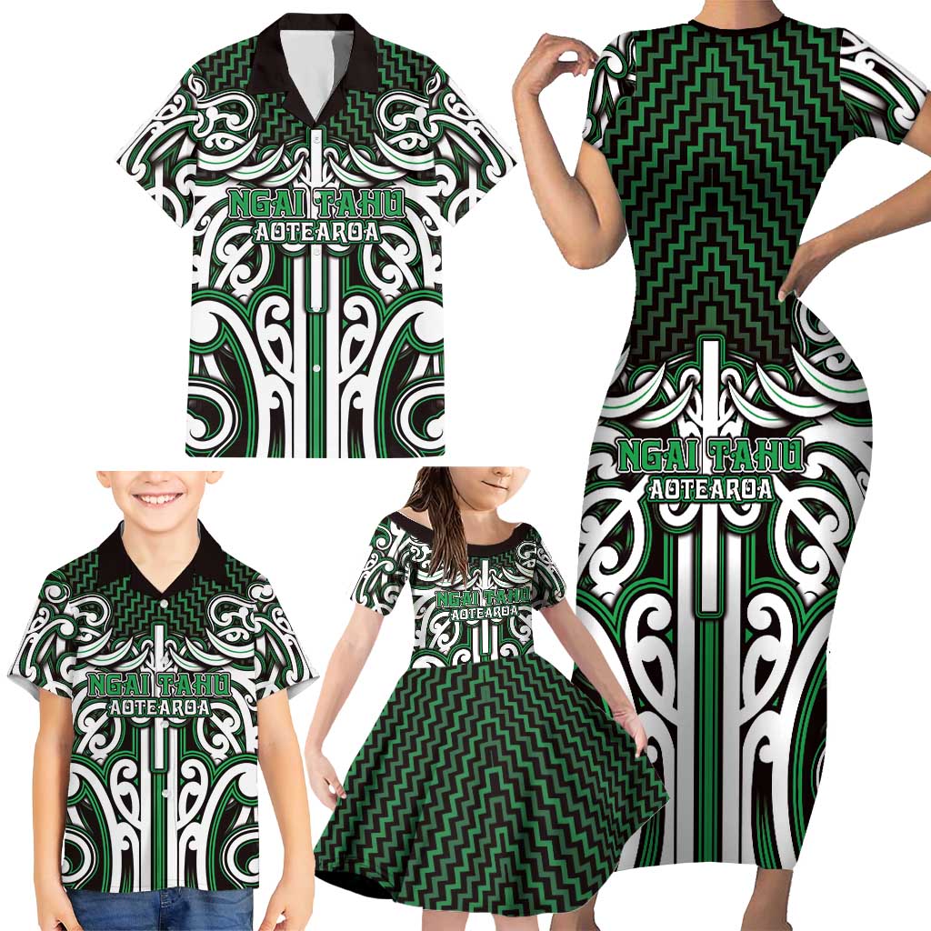 Custom Aotearoa Ngai Tahu Family Matching Short Sleeve Bodycon Dress and Hawaiian Shirt Maori Tribal Pattern Mix Poutama
