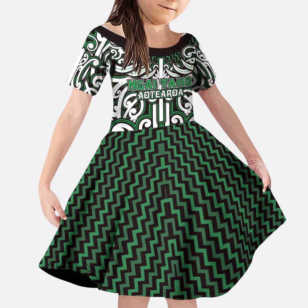 Custom Aotearoa Ngai Tahu Family Matching Tank Maxi Dress and Hawaiian Shirt Maori Tribal Pattern Mix Poutama LT05 Daughter's Dress Green - Polynesian Pride