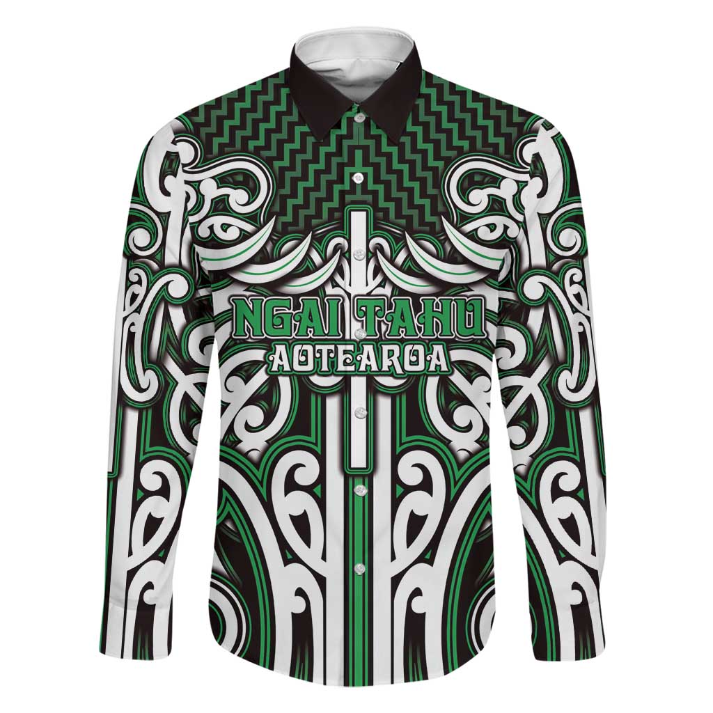 Custom Aotearoa Ngai Tahu Family Matching Tank Maxi Dress and Hawaiian Shirt Maori Tribal Pattern Mix Poutama LT05 Dad's Shirt - Long Sleeve Green - Polynesian Pride