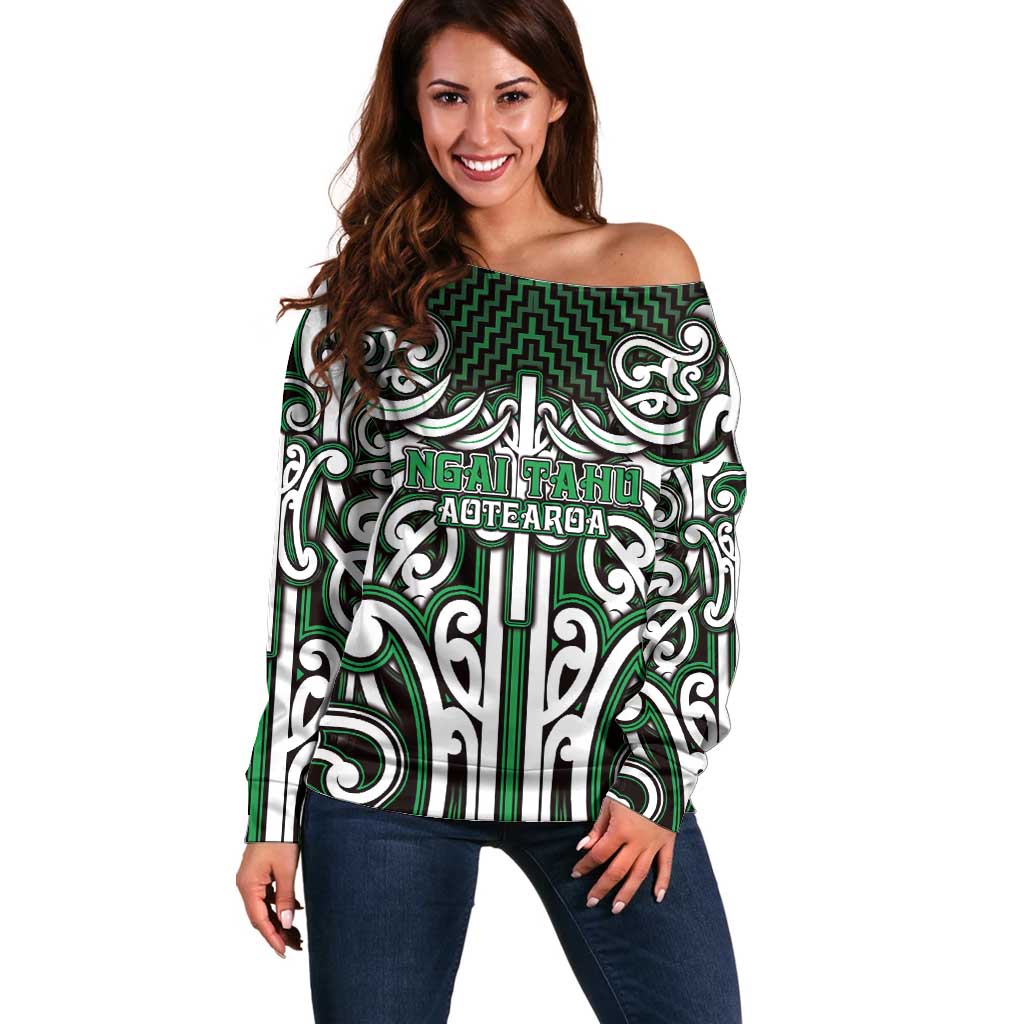 Custom Aotearoa Ngai Tahu Off Shoulder Sweater Maori Tribal Pattern Mix Poutama