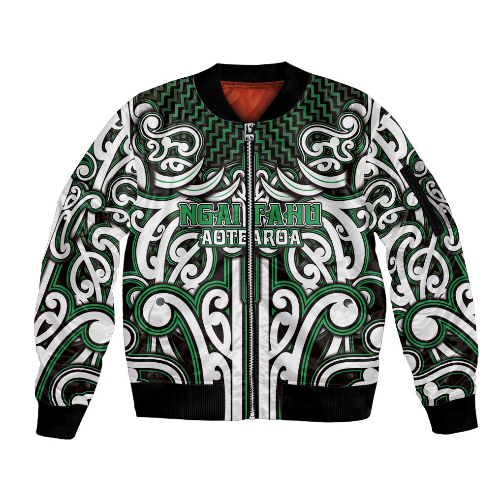 Custom Aotearoa Ngai Tahu Sleeve Zip Bomber Jacket Maori Tribal Pattern Mix Poutama LT05 Unisex Green - Polynesian Pride