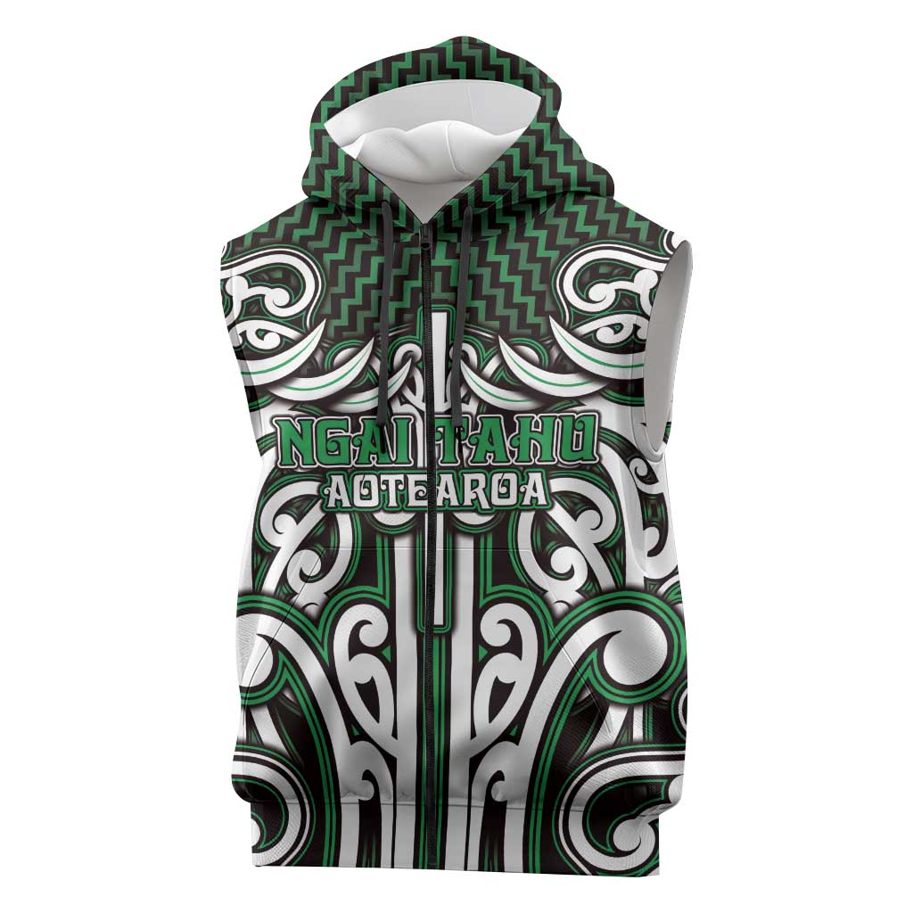 Custom Aotearoa Ngai Tahu Sleeveless Zip Hoodie Maori Tribal Pattern Mix Poutama LT05 Green - Polynesian Pride