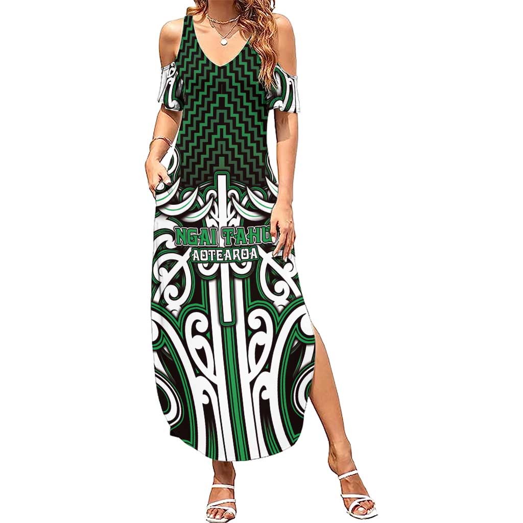 Custom Aotearoa Ngai Tahu Summer Maxi Dress Maori Tribal Pattern Mix Poutama LT05 Women Green - Polynesian Pride