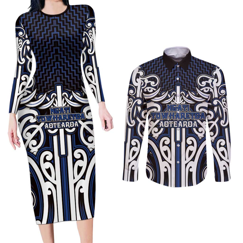 Custom Aotearoa Ngati Tuwharetoa Couples Matching Long Sleeve Bodycon Dress and Long Sleeve Button Shirt Maori Tribal Pattern Mix Poutama