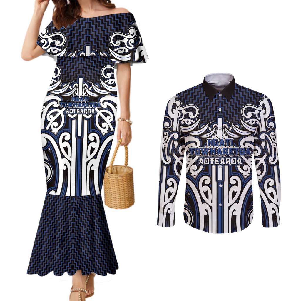 Custom Aotearoa Ngati Tuwharetoa Couples Matching Mermaid Dress and Long Sleeve Button Shirt Maori Tribal Pattern Mix Poutama