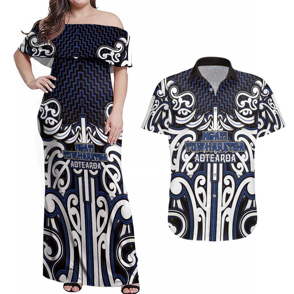 Custom Aotearoa Ngati Tuwharetoa Couples Matching Off Shoulder Maxi Dress and Hawaiian Shirt Maori Tribal Pattern Mix Poutama LT05 Navy - Polynesian Pride