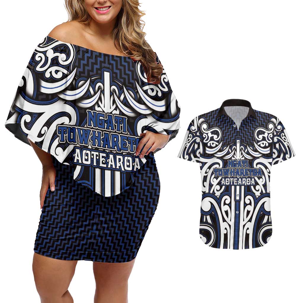 Custom Aotearoa Ngati Tuwharetoa Couples Matching Off Shoulder Short Dress and Hawaiian Shirt Maori Tribal Pattern Mix Poutama LT05 Navy - Polynesian Pride