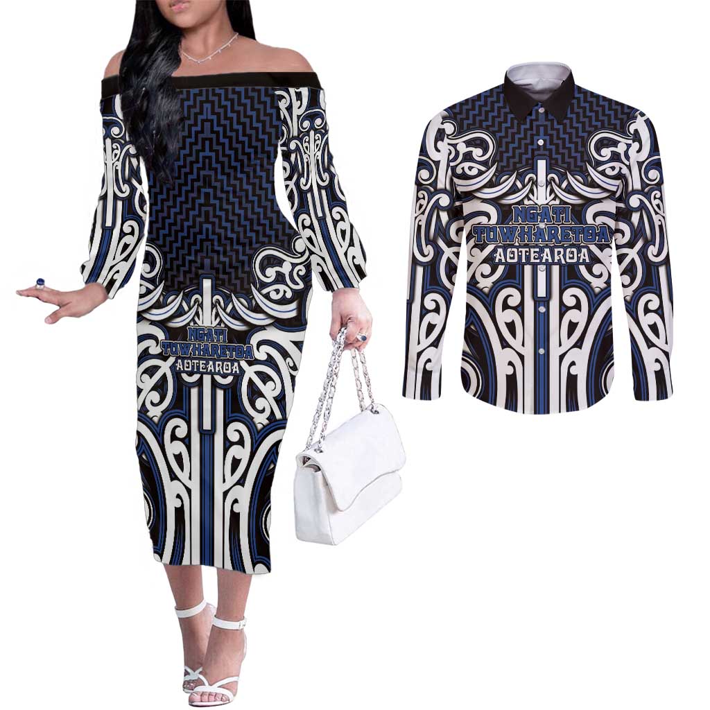 Custom Aotearoa Ngati Tuwharetoa Couples Matching Off The Shoulder Long Sleeve Dress and Long Sleeve Button Shirt Maori Tribal Pattern Mix Poutama LT05 Navy - Polynesian Pride
