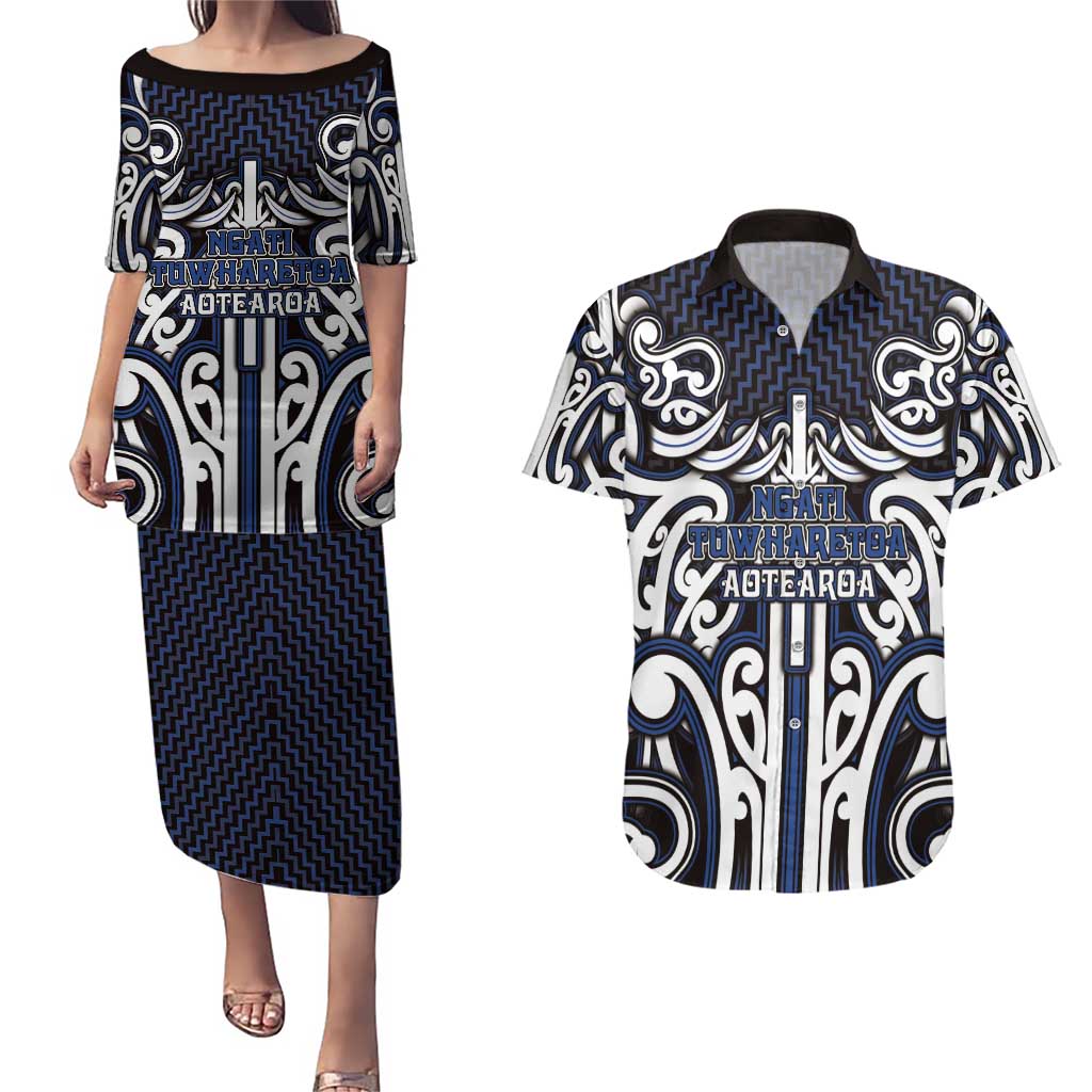 Custom Aotearoa Ngati Tuwharetoa Couples Matching Puletasi and Hawaiian Shirt Maori Tribal Pattern Mix Poutama LT05 Navy - Polynesian Pride